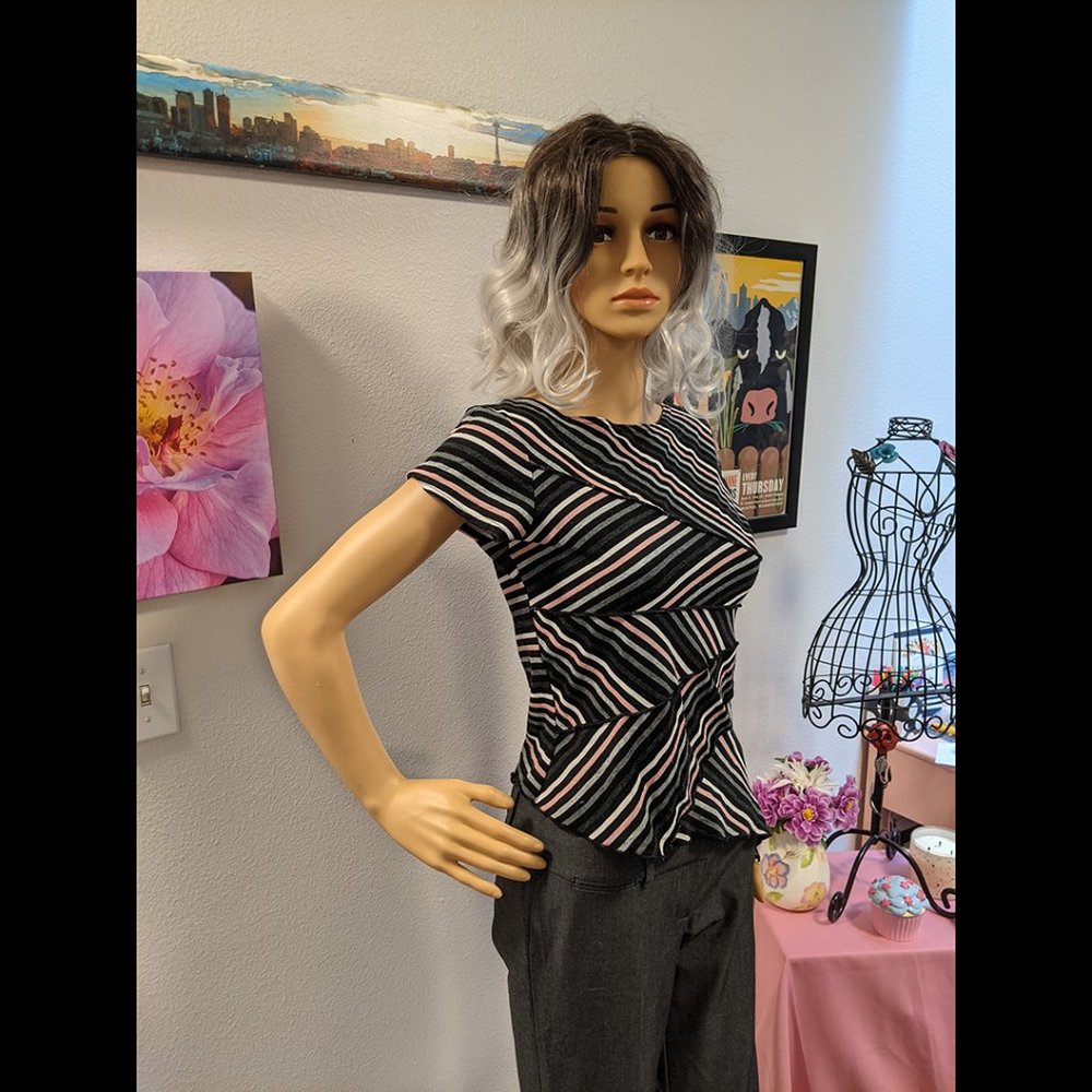 FIORLINI INTERNATIONAL Pink, white, grey, and black Striped Asymmetrical Blouse - Picture 2 of 9